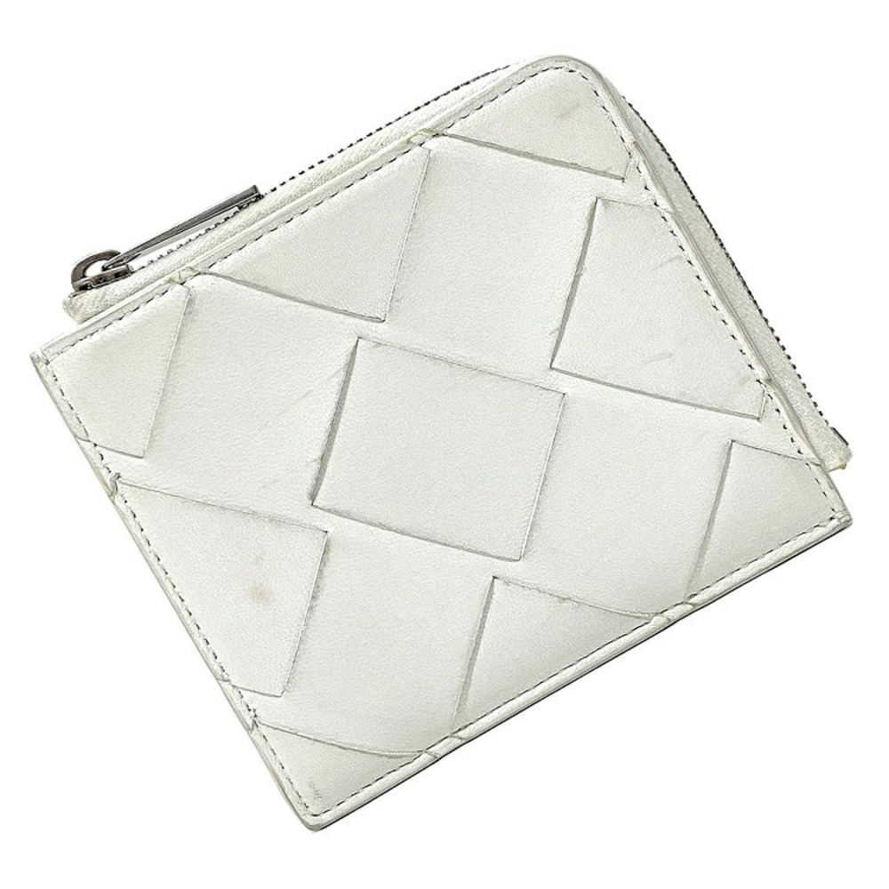 Bottega Veneta L Zip Wallet Intrecciato Leather Fastener White Silver